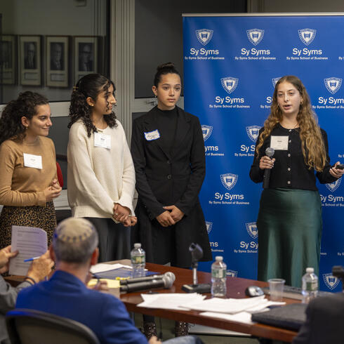 The Central team makes their winning pitch to the panel of judges. The team members are from left Camryn Brunner, Sarah Galanti, Maya Goykadosh, Ma’ayan Kotkin, Emily Segall, and Hudis Schnur
